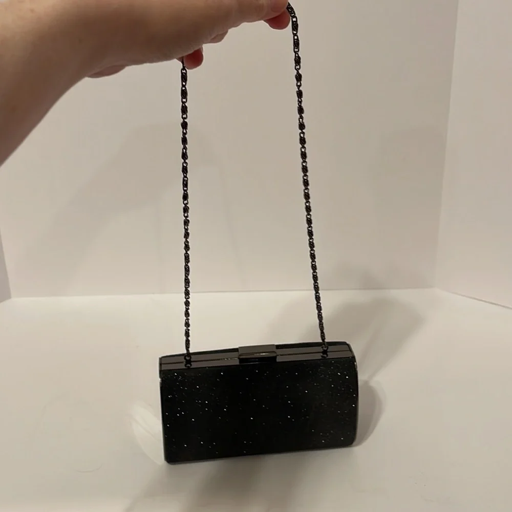Clutch Purse Black Sparkle with Hideaway Metal Fancy Shoulder Strap. - Picture 5 of 9